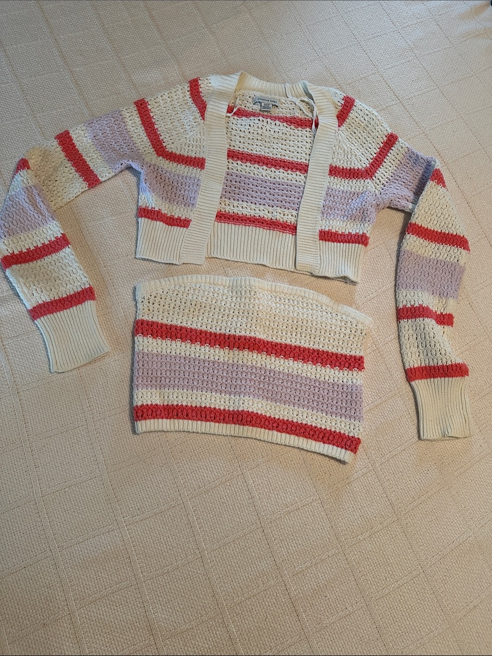 Striped Crochet Knit Sweater Set - Cream, Lilac & Pink